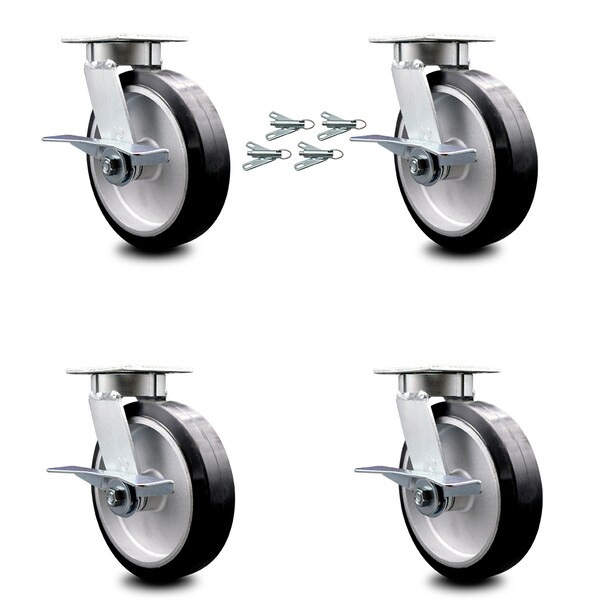8 Inch Kingpinless Rubber on Aluminum Wheel Caster Set Brake and Swivel Lock SCC